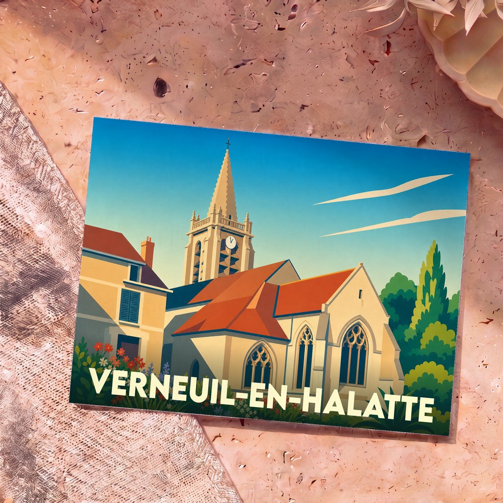 Carte postale souvenir de la ville de Verneuil-en-Halatte avec une illustration stylisée de son église.