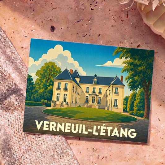 Carte postale souvenir de la ville de Verneuil-l'Étang avec une illustration stylisée d'un château.