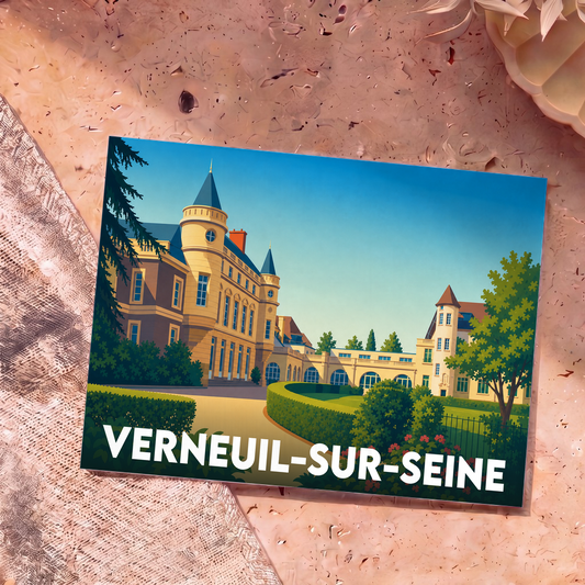 Carte postale souvenir de la ville de Verneuil-sur-Seine avec une illustration stylisée de son château.