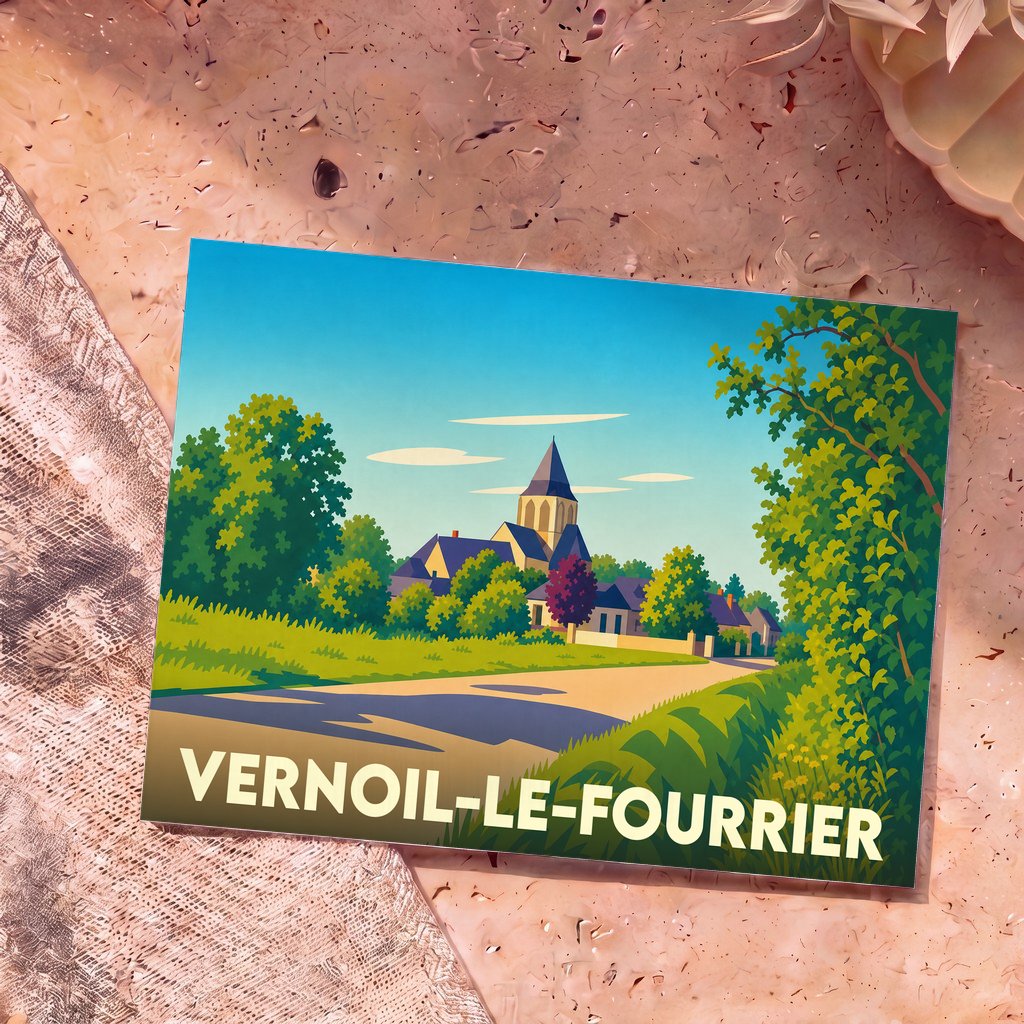 Carte postale souvenir de la ville de Vernoil-le-Fourrier avec une illustration stylisée.
