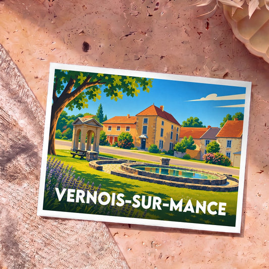 Carte postale souvenir de la ville de Vernois-sur-Mance avec une illustration stylisée.