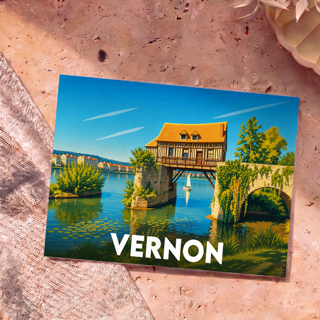 Carte postale souvenir de la ville de Vernon illustrant son célèbre Vieux-Moulin au-dessus de la Seine.