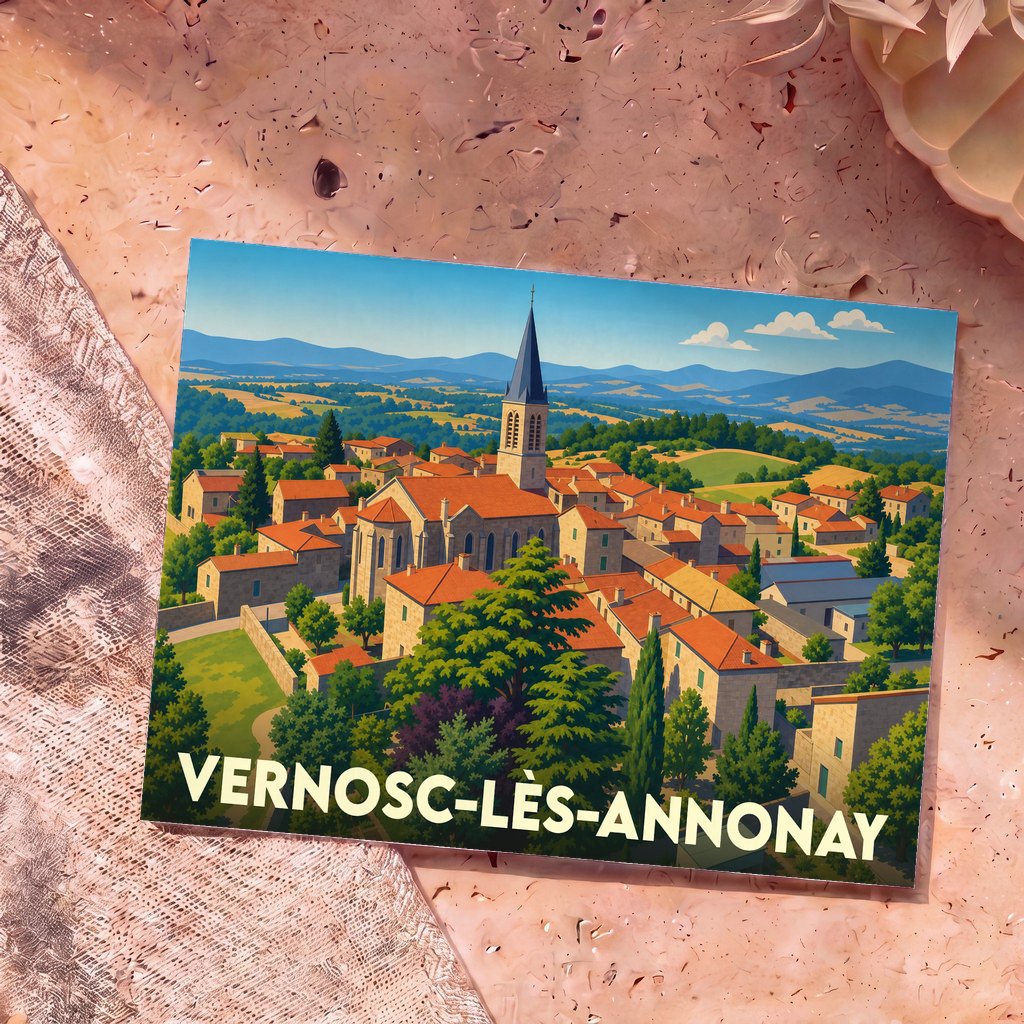 Carte postale souvenir de la ville de Vernosc-lès-Annonay avec une illustration colorée de son église et de ses maisons.