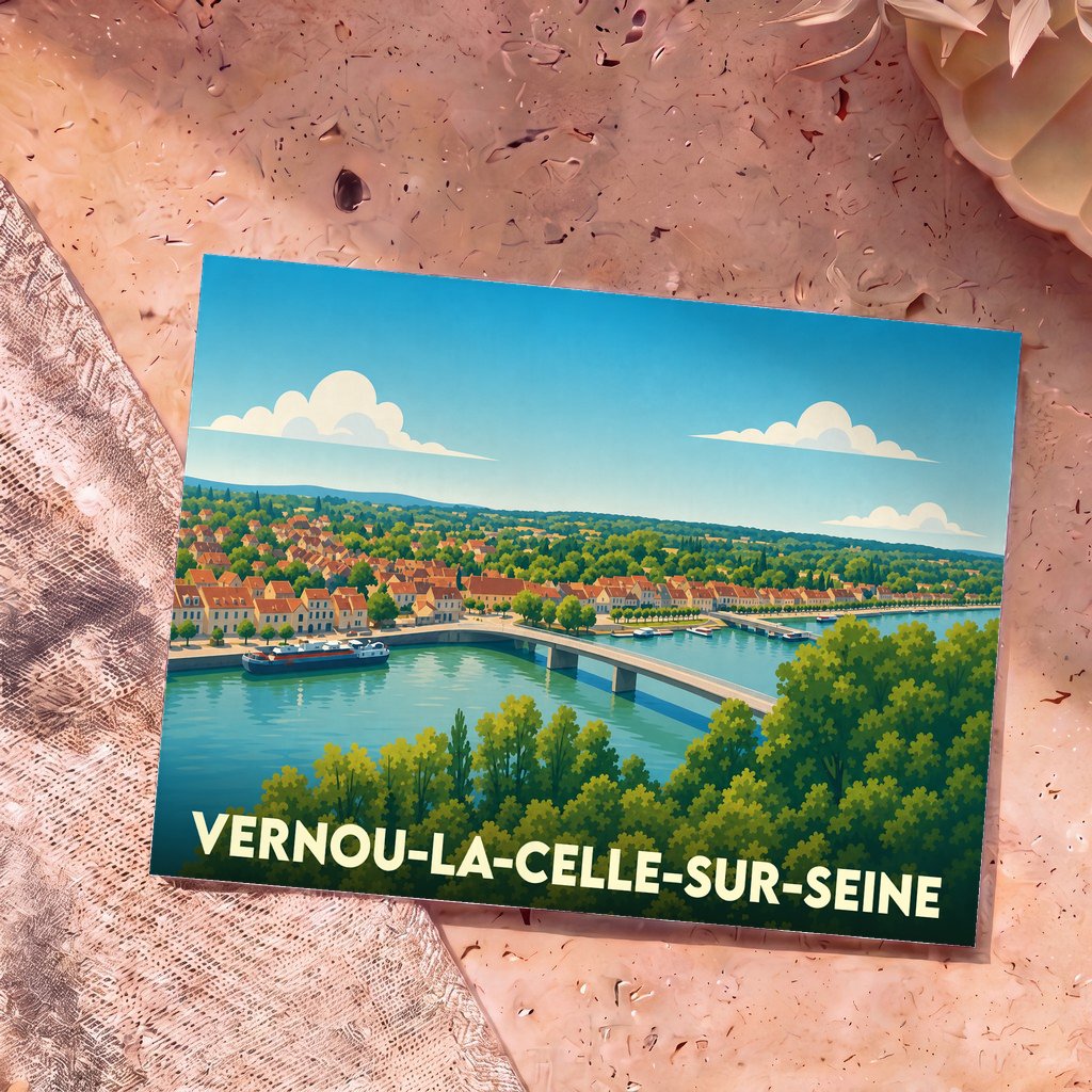 Carte postale souvenir de la ville de Vernou-la-Celle-sur-Seine avec une illustration stylisée des bords de Seine.