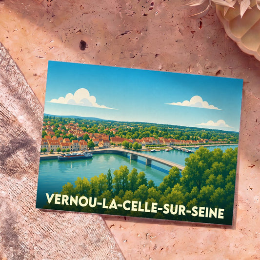 Carte postale souvenir de la ville de Vernou-la-Celle-sur-Seine avec une illustration stylisée des bords de Seine.
