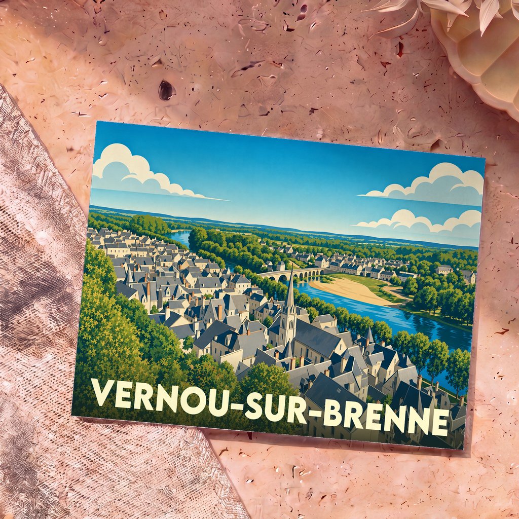 Carte postale souvenir de la ville de Vernou-sur-Brenne avec une illustration stylisée d'un paysage urbain au bord d'une rivière.