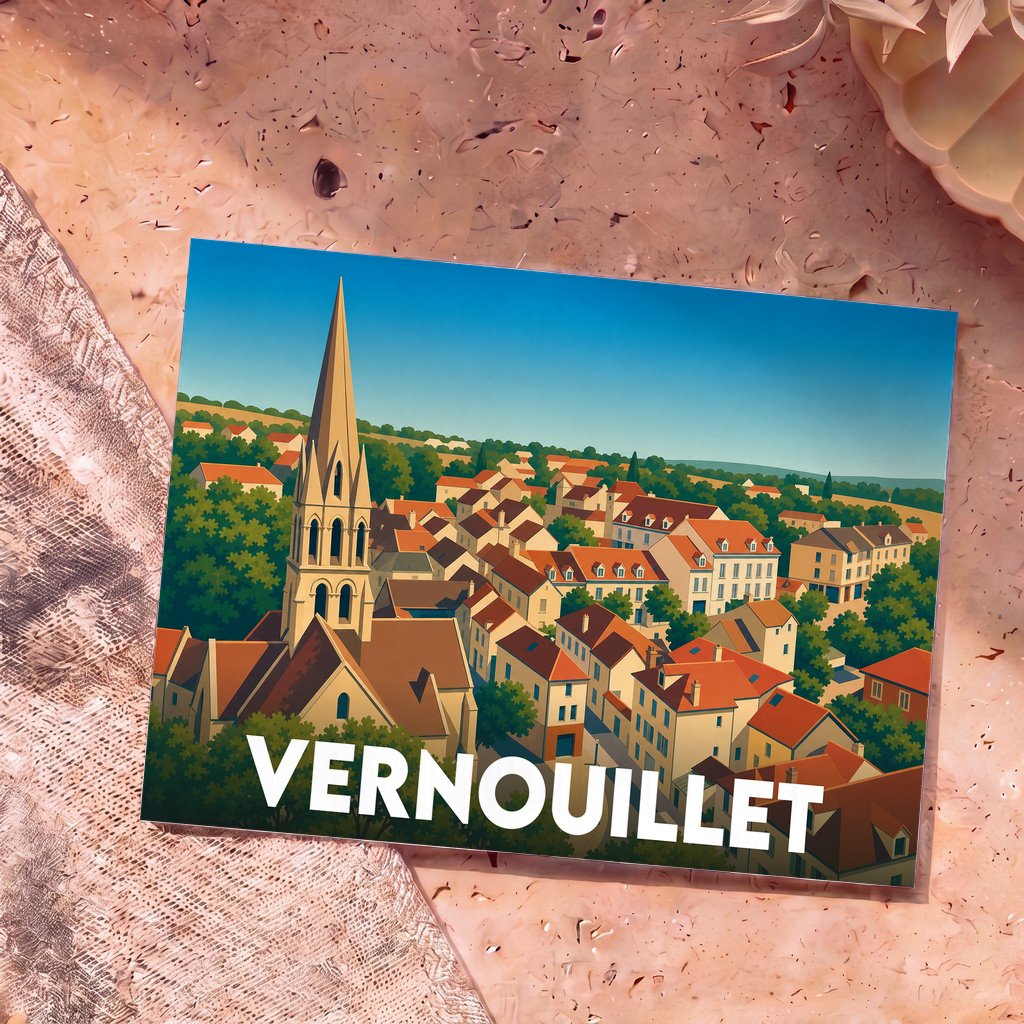 Carte postale souvenir de la ville de Vernouillet présentant une illustration stylisée de son église et de ses toits.