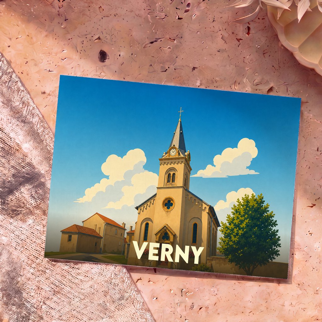 Carte postale souvenir de la ville de Verny avec une illustration stylisée de son église sous un ciel bleu.