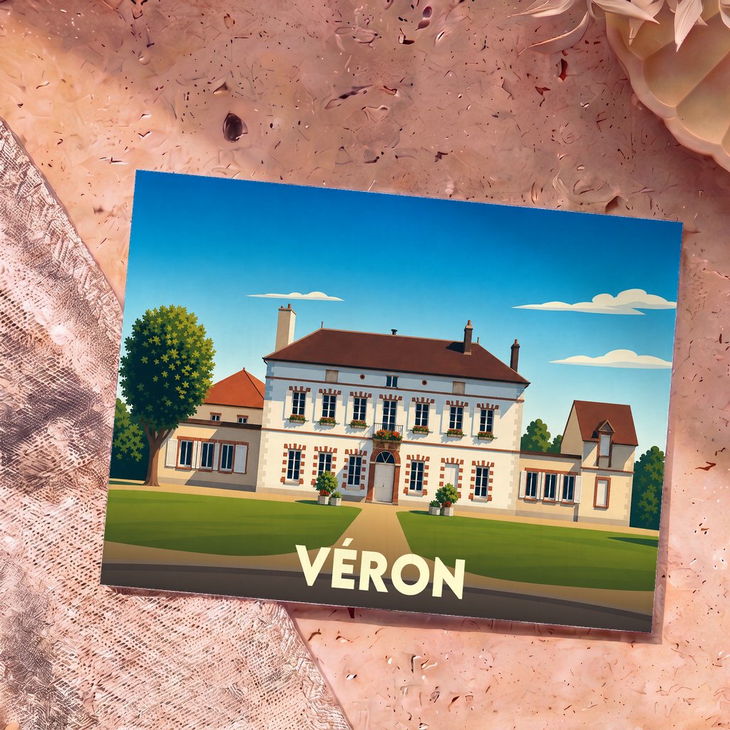 Carte postale souvenir de la ville de Véron avec une illustration stylisée d'un grand manoir.