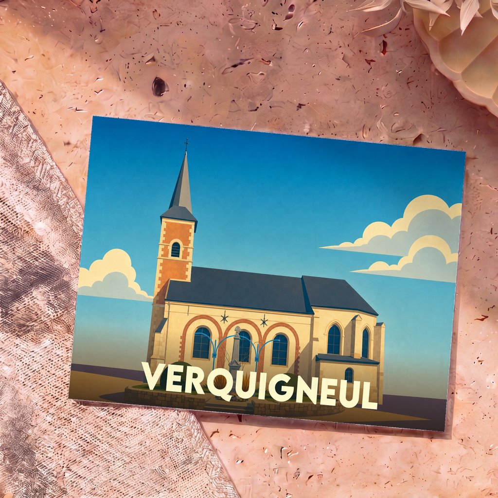 Carte postale souvenir de la ville de Verquigneul illustrant son église dans un style graphique épuré.