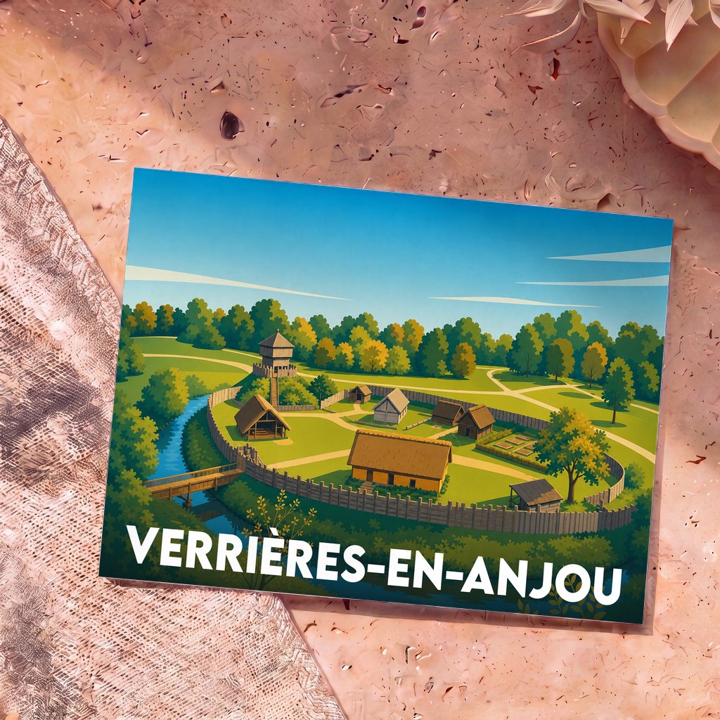 Carte postale souvenir de Verrières-en-Anjou illustrant un village médiéval fortifié dans un style graphique épuré.