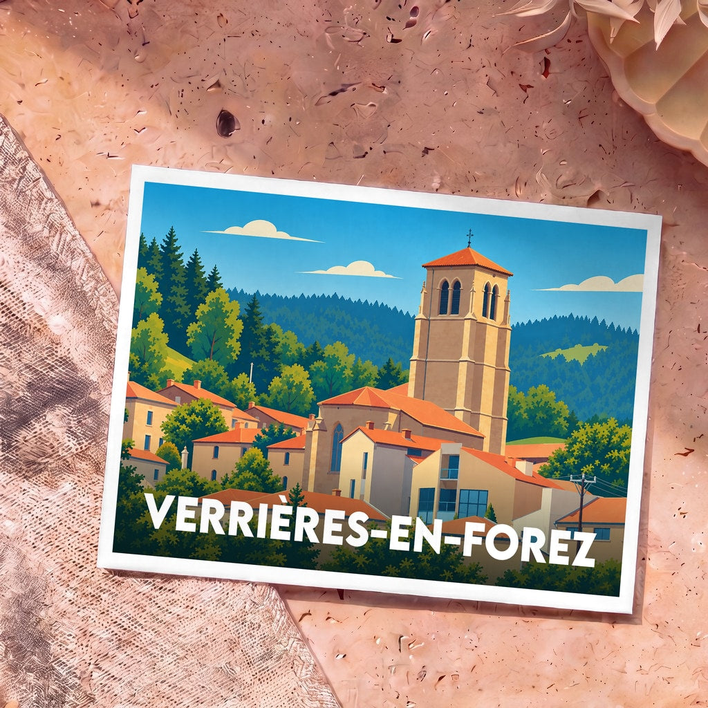 Carte postale souvenir de la ville de Verrières-en-Forez avec une illustration stylisée de son église et de son paysage vallonné.