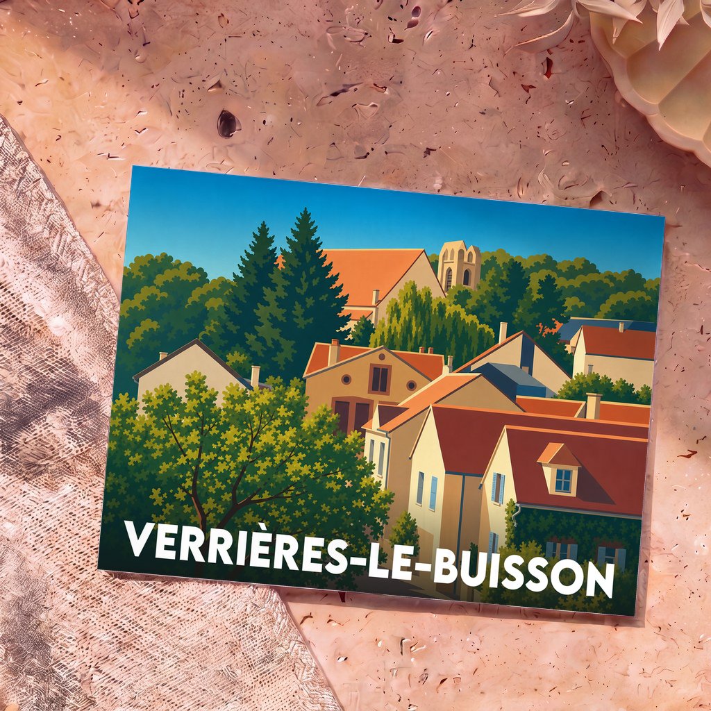 Carte postale souvenir de la ville de Verrières-le-Buisson avec une illustration stylisée de ses maisons et de son église.