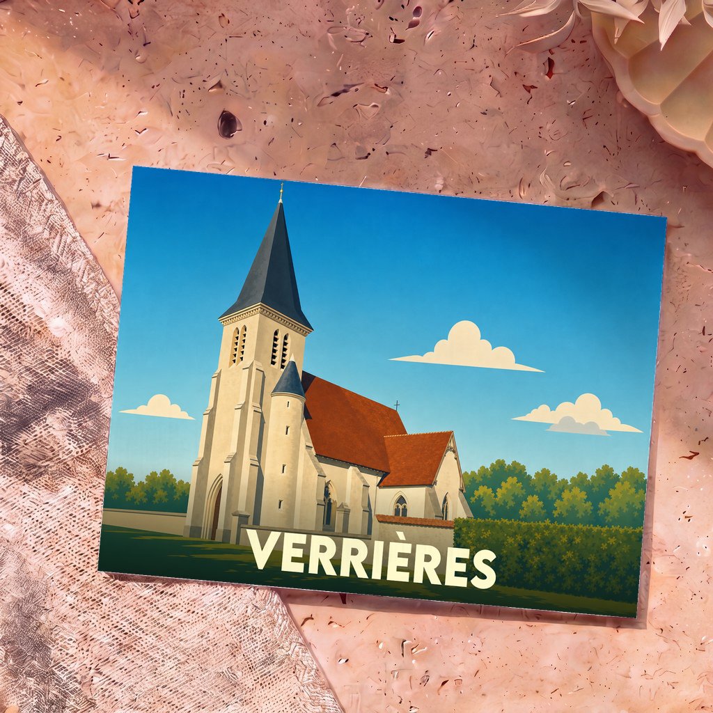 Carte postale souvenir de la ville de Verrières illustrant son église dans un style graphique épuré.