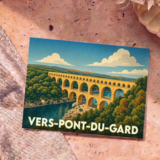 Carte postale souvenir de Vers-Pont-du-Gard illustrant l'aqueduc romain surplombant le Gardon dans un style graphique épuré.