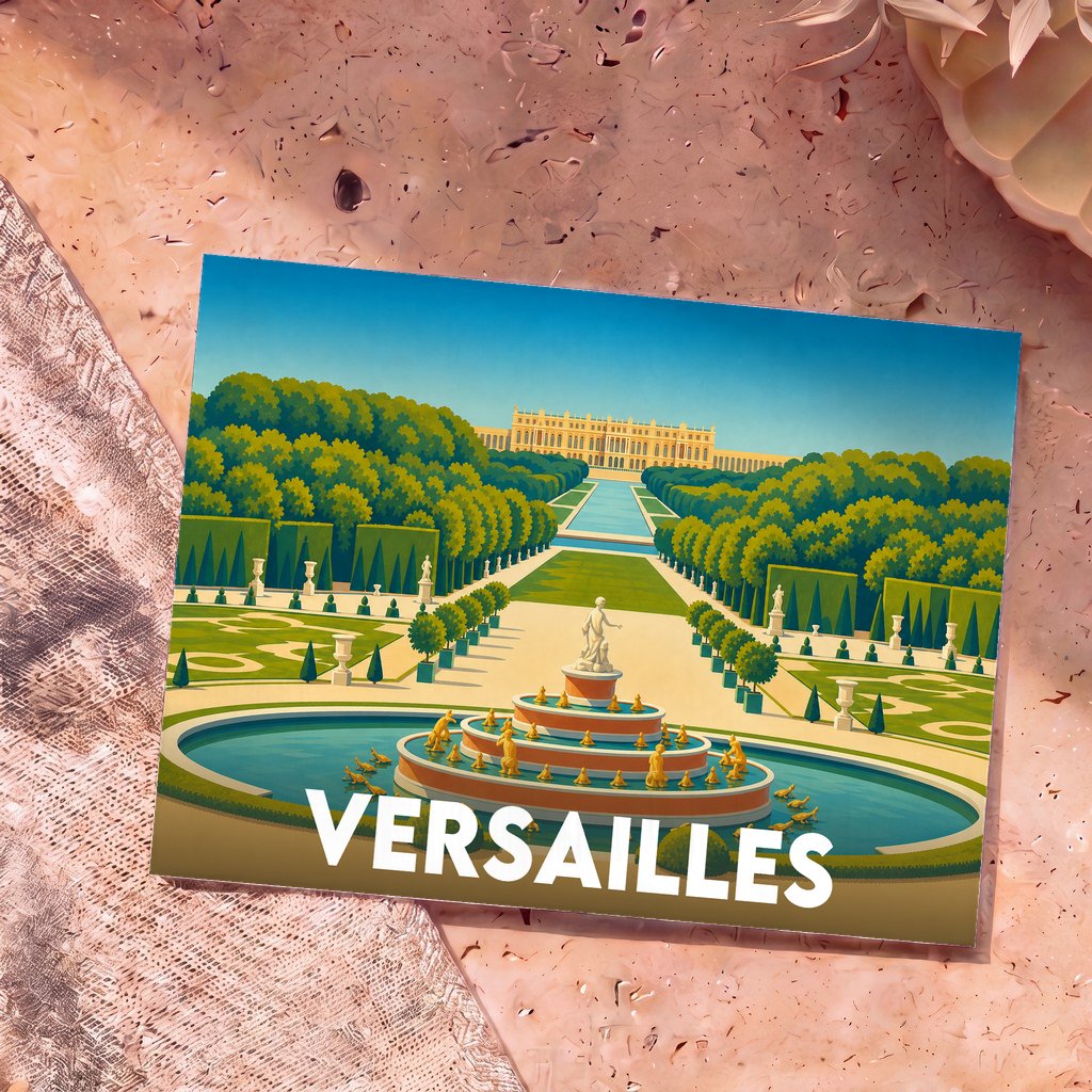 Carte postale souvenir de Versailles illustrant les jardins et le château dans un style graphique épuré.