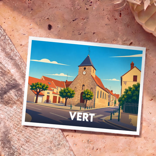 Carte postale souvenir de la ville de Vert avec une illustration stylisée de son église et de ses rues.