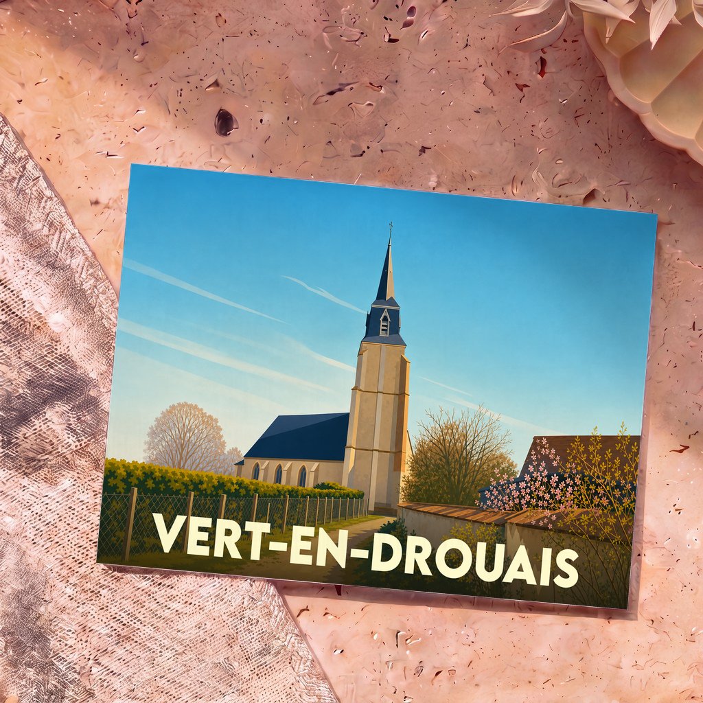 Carte postale souvenir de la ville de Vert-en-Drouais avec une illustration stylisée de son église.