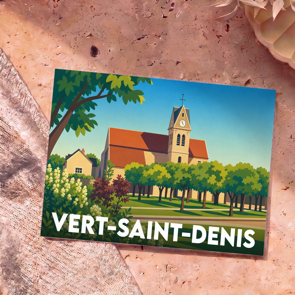 Carte postale souvenir de la ville de Vert-Saint-Denis avec une illustration stylisée de son église.