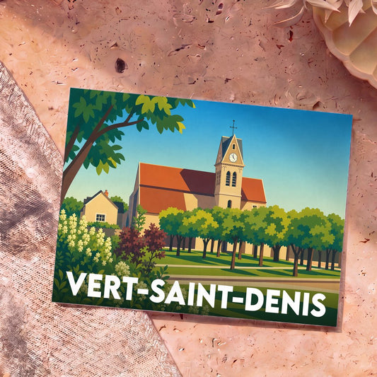 Carte postale souvenir de la ville de Vert-Saint-Denis avec une illustration stylisée de son église.