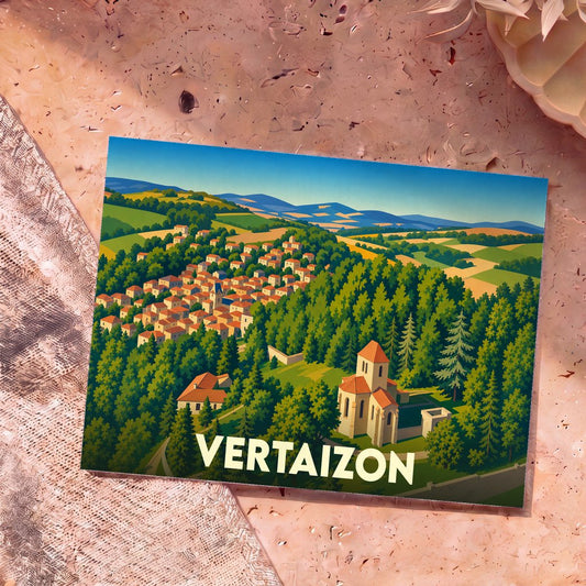 Carte postale souvenir de la ville de Vertaizon avec une illustration stylisée et colorée de ses paysages et monuments.