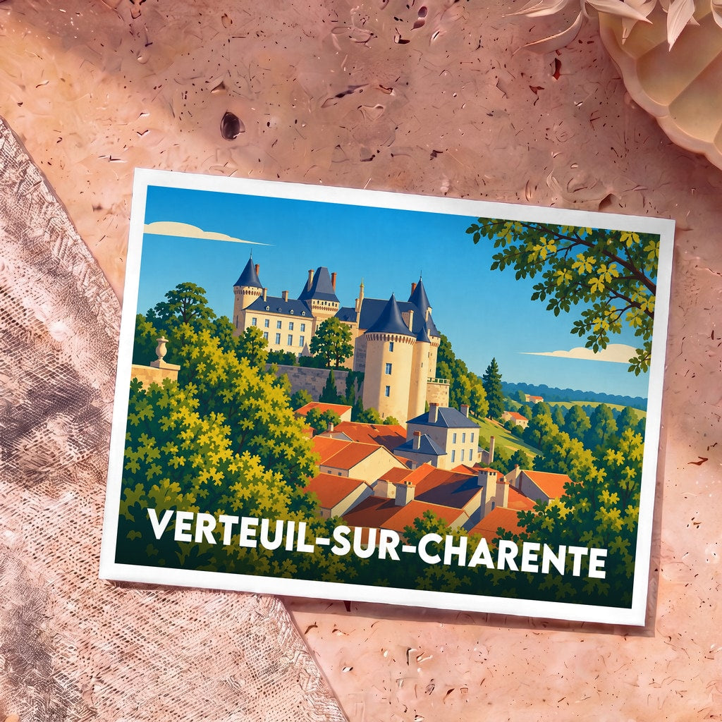 Carte postale souvenir de la ville de Verteuil-sur-Charente avec une illustration stylisée de son château surplombant les toits.