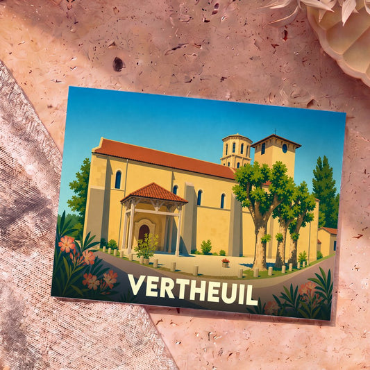 Carte postale souvenir de la ville de Vertheuil avec une illustration stylisée de son église abbatiale.