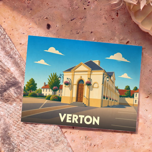Carte postale souvenir de la ville de Verton avec une illustration stylisée de son architecture.