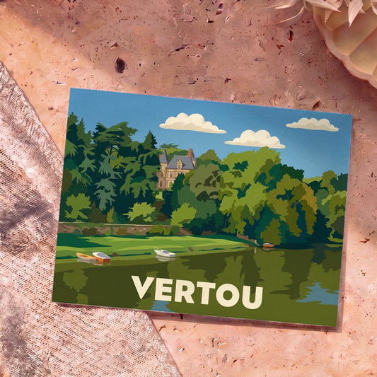 Carte postale souvenir de la ville de Vertou illustrant un château en bord de rivière dans un style graphique épuré.