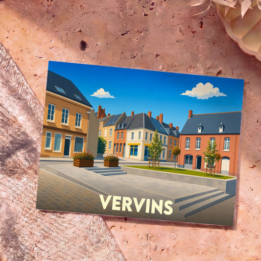 Carte postale souvenir de la ville de Vervins avec une illustration colorée et stylisée de ses bâtiments.