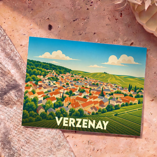 Carte postale souvenir de la ville de Verzenay avec une illustration stylisée de ses vignobles et de son village.