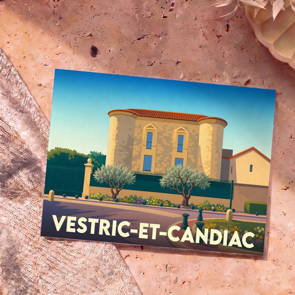 Carte postale souvenir de la ville de Vestric-et-Candiac avec une illustration stylisée de son château.