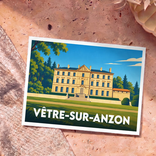 Carte postale souvenir de la ville de Vêtre-sur-Anzon avec une illustration stylisée d'un château.