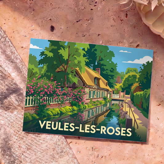 Carte postale souvenir de la ville de Veules-les-Roses avec une illustration stylisée d'une chaumière au bord de l'eau.