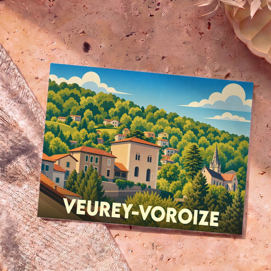 Carte postale souvenir de la ville de Veurey-Voroize avec une illustration stylisée et colorée.