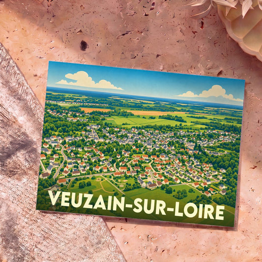 Carte postale souvenir de la ville de Veuzain-sur-Loire avec une vue aérienne illustrée de façon stylisée.
