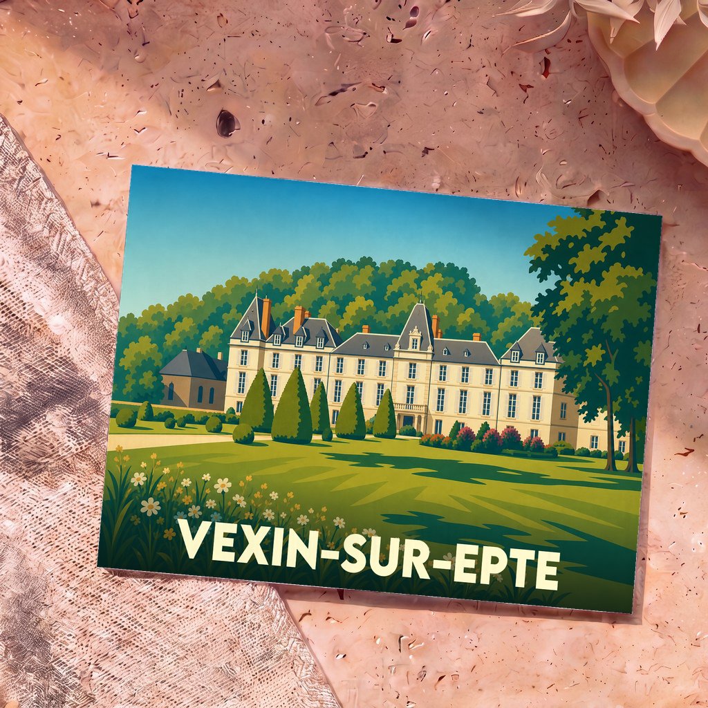 Carte postale souvenir de la ville de Vexin-sur-Epte illustrant un château entouré de jardins.