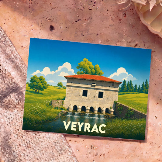 Carte postale souvenir de la ville de Veyrac illustrant un vieux pont de pierre surmonté d'un bâtiment au style graphique.