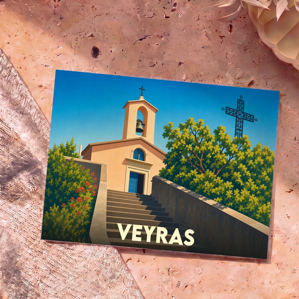 Carte postale souvenir de la ville de Veyras illustrant une église de village sous un ciel bleu azur.