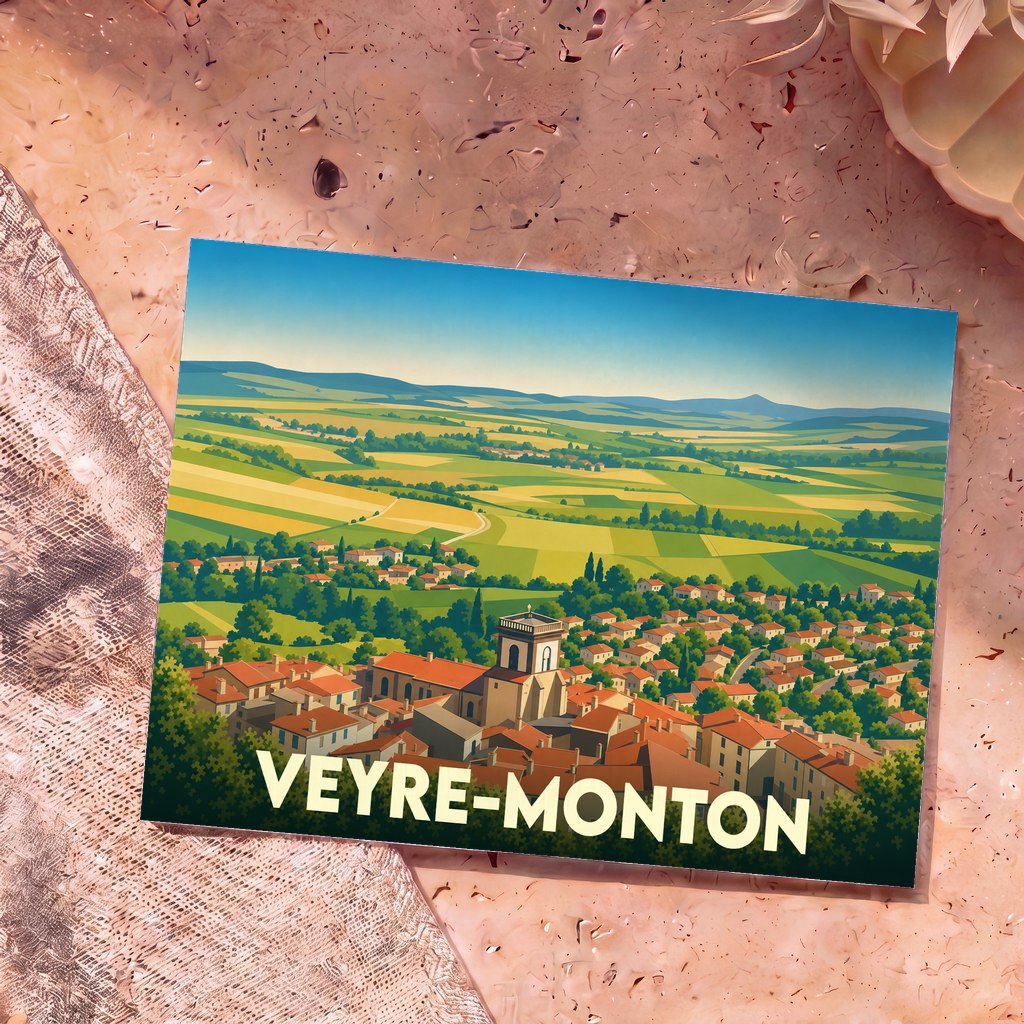 Carte postale souvenir de la ville de Veyre-Monton avec une illustration stylisée de ses paysages et de ses toitures.