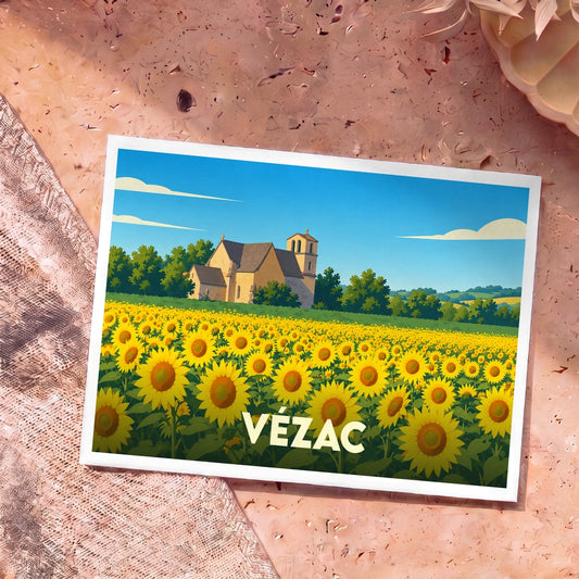 Carte postale souvenir de la ville de Vézac illustrant un champ de tournesols devant une église ancienne.