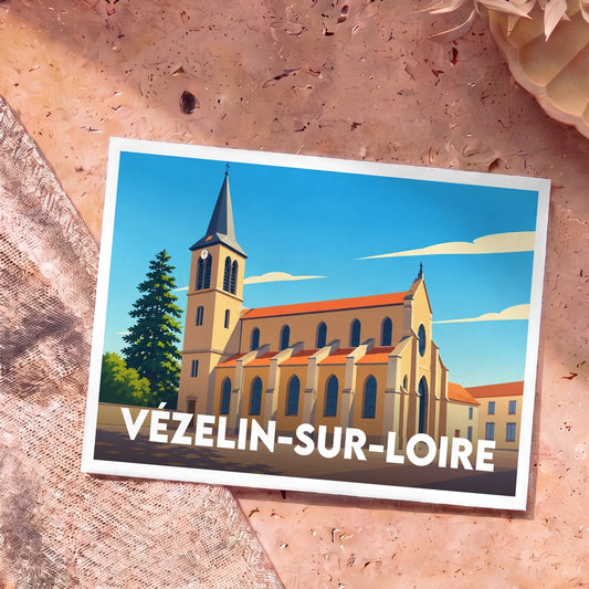 Carte postale souvenir de la ville de Vézelin-sur-Loire avec une illustration stylisée de son église.