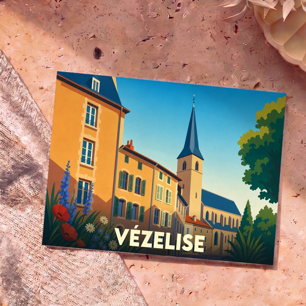 Carte postale souvenir de la ville de Vézelise avec une illustration stylisée et colorée de ses bâtiments historiques.