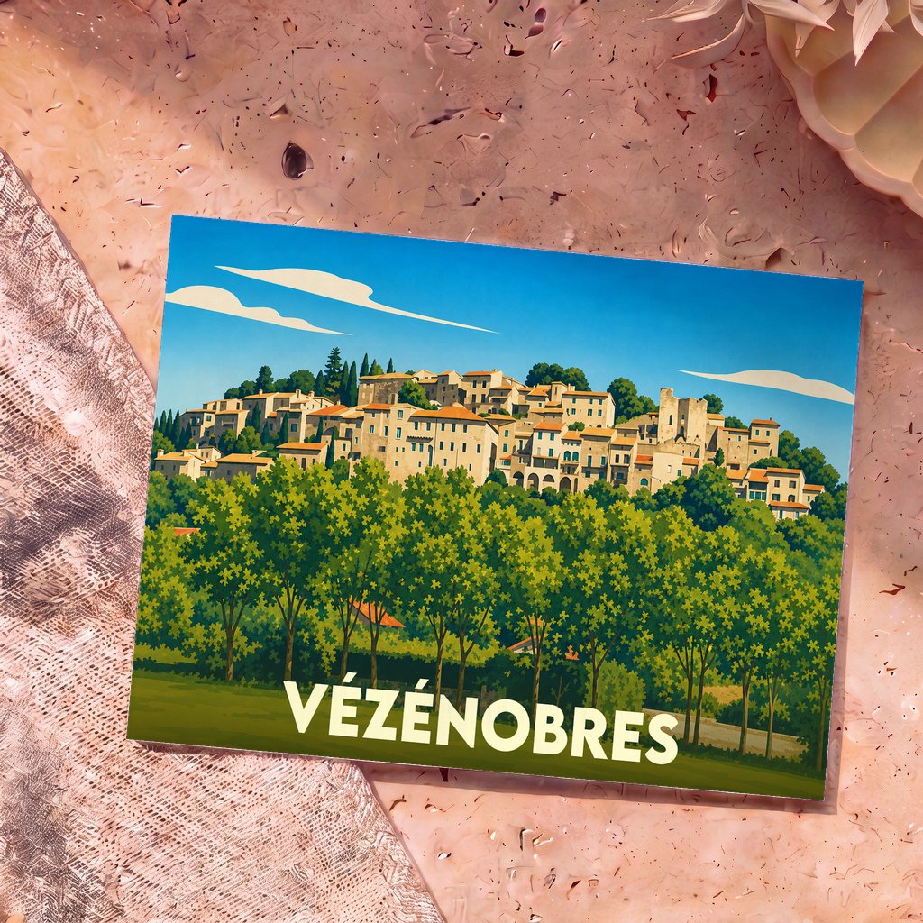 Carte postale souvenir de la ville de Vézénobres avec une illustration stylisée de son village perché.