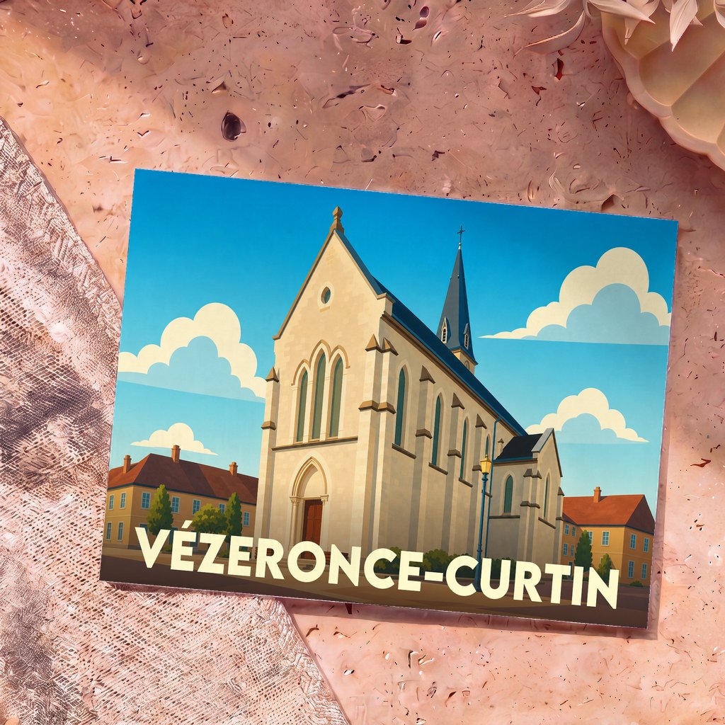 Carte postale souvenir de la ville de Vézeronce-Curtin avec une illustration stylisée de son église sous un ciel bleu.