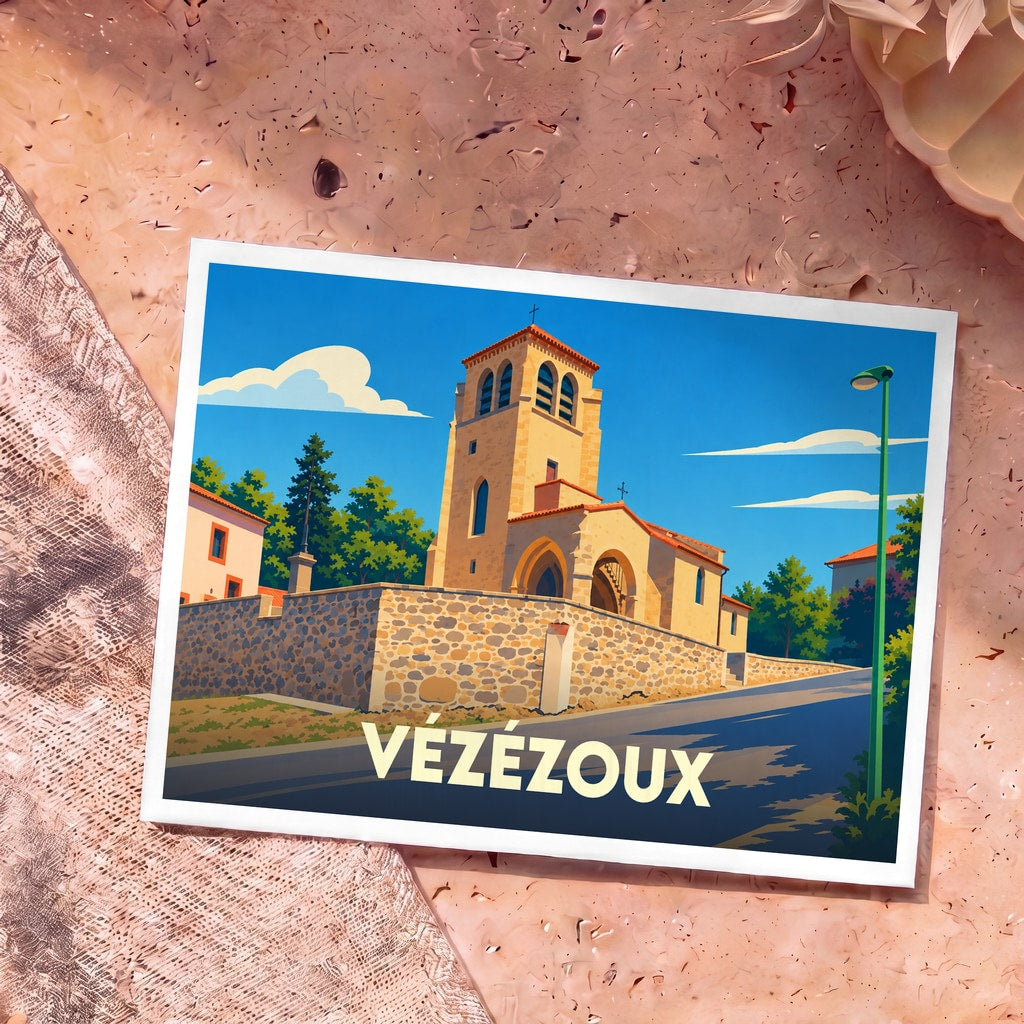 Carte postale souvenir de la ville de Vézézoux avec une illustration stylisée de son église.