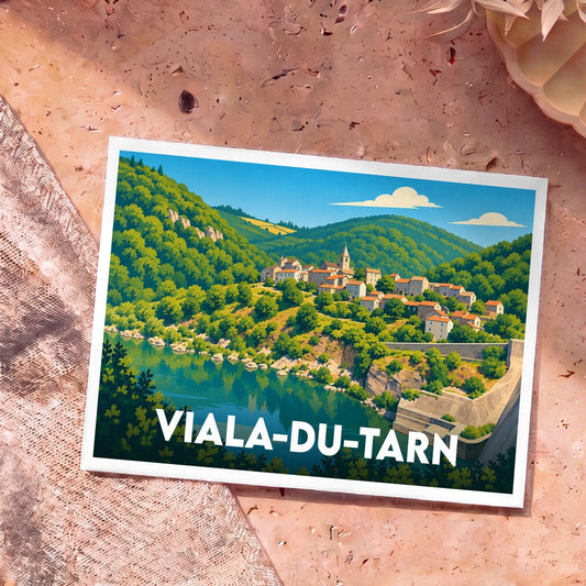 Carte postale souvenir de la ville de Viala-du-Tarn avec une illustration stylisée.