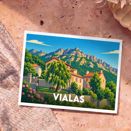 Carte postale souvenir de la ville de Vialas avec une illustration stylisée de ses maisons au pied des montagnes.