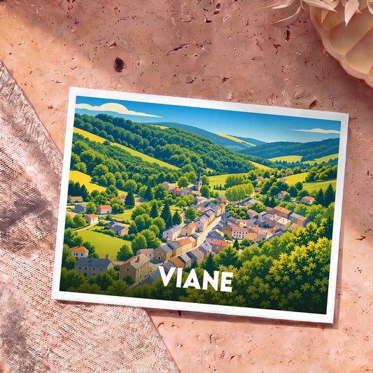 Carte postale souvenir de la ville de Viane avec une illustration stylisée de son village vallonné.