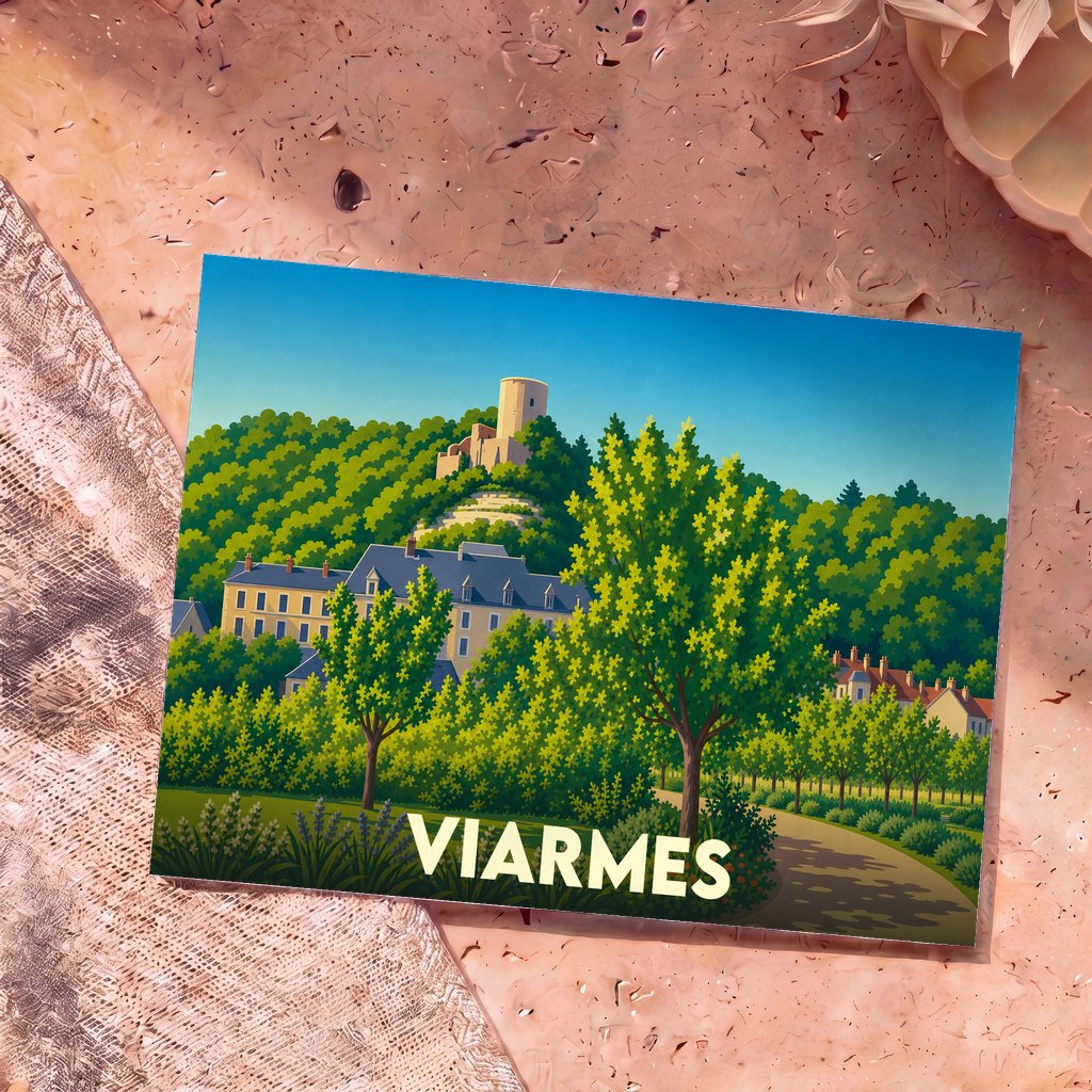 Carte postale souvenir de la ville de Viarmes avec une illustration stylisée de son paysage et de son château.